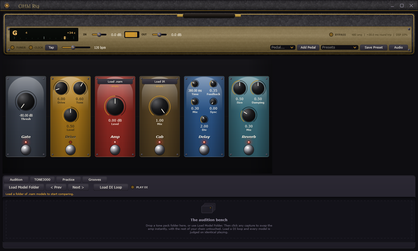 The OHM Rig window: an amp head with a brass faceplate above six pedals in series, gate, drive, amp, cab, delay and reverb.