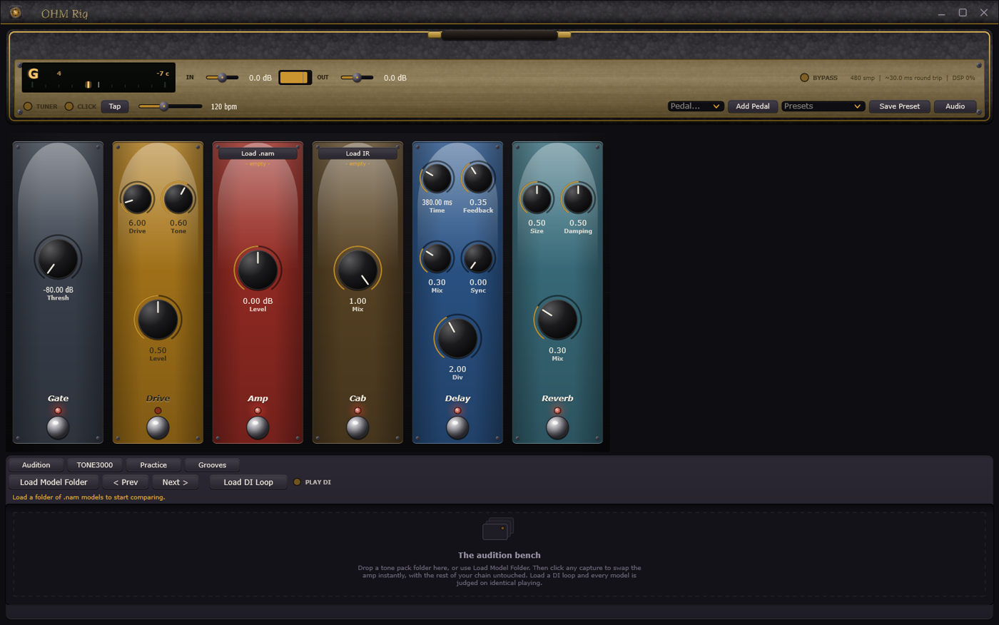 The Practice tab in OHM Rig, showing the recorder, looper, drum machine and VST3 plugin rows.